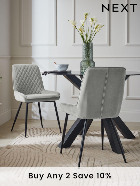 Set of 2 Soft Velvet Mid Grey Black Hamilton Black Leg Quilted Dining Chairs (C10520) | £260