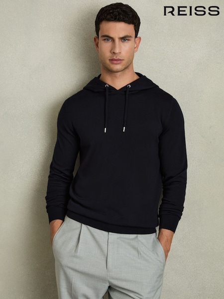 Reiss Navy Holland Merino Wool Drawstring Hoodie (C10582) | £98