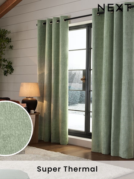 Green Sage Heavyweight Chenille Eyelet Super Thermal Curtains (C10938) | £70 - £210