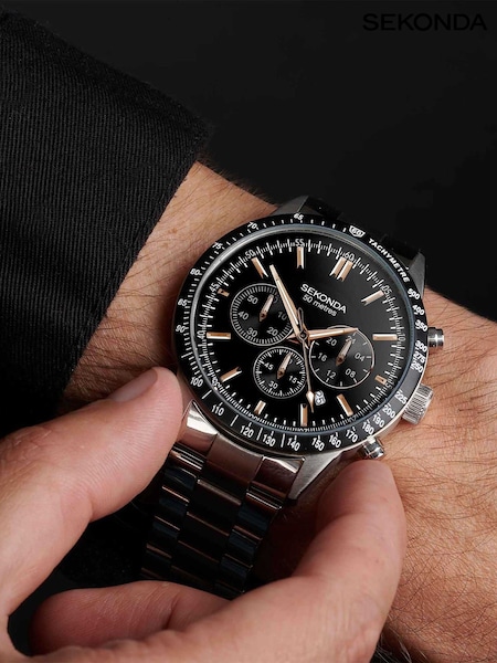 Sekonda Mens Stainless Steel Bracelet Black Chronograph Watch (C11188) | £100
