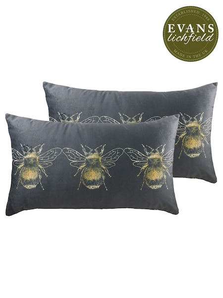 Evans Lichfield 2 Pack Grey Gold Bee Velvet Filled Cushions (C14231) | £23