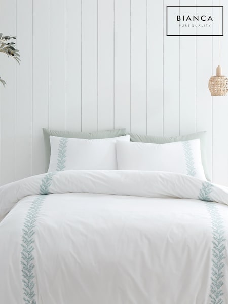Bianca White Embroidery Leaf 100% Cotton Duvet Cover Set (C14258) | £40 - £75