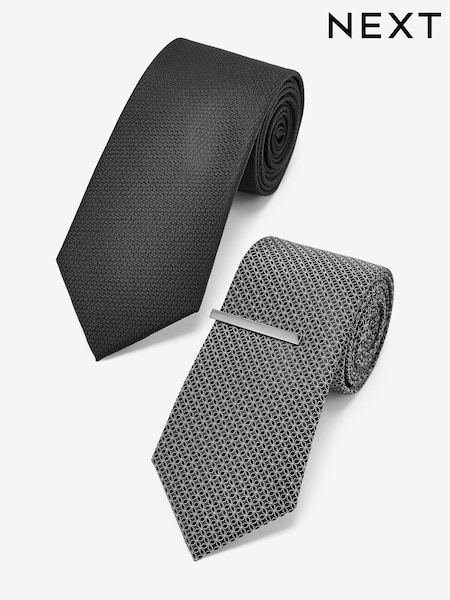 Black/Charcoal Grey Textured Ties And Clips 2 Pack (C15663) | £22