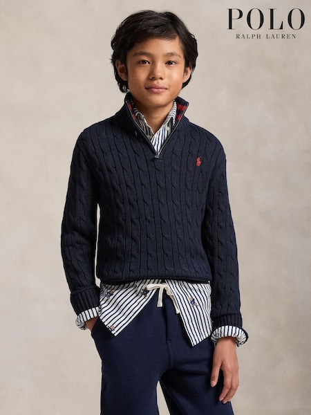 Blue - Polo Ralph Lauren Logo Cable Knit Quarter Zip Jumper