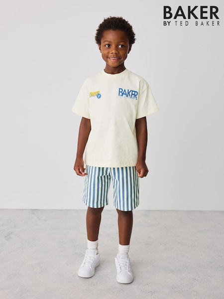 Stone/Blue - Baker By Ted Baker Oversized Graphic T-shirt And Striped Shorts Set