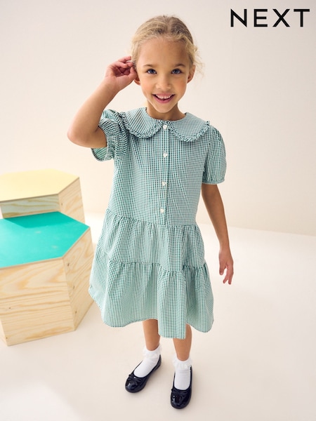 Green Cotton Rich School Gingham Tiered Pretty Collar Dress (3-14yrs) (C20205) | £9 - £14