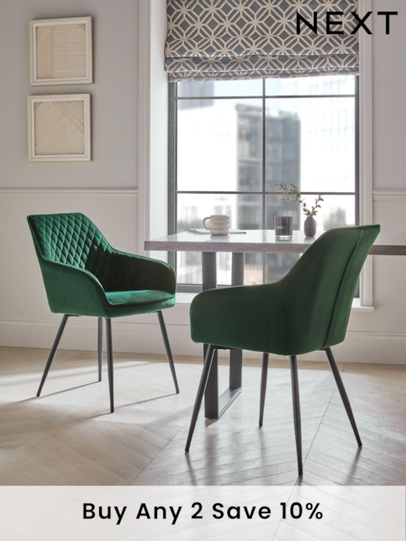 Set of 2 Soft Velvet Emerald Green Hamilton Black Leg Quilted Dining Chairs (C20304) | £310