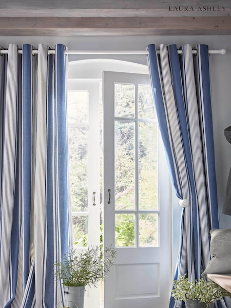 Laura Ashley Denim Blue Tiverton Lined Eyelet 100% Cotton Curtains (C21934) | £60 - £115