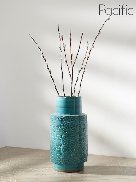 Pacific Aquamarine Blue Sidra Stoneware Etch Detail Vase (C23639) | £50