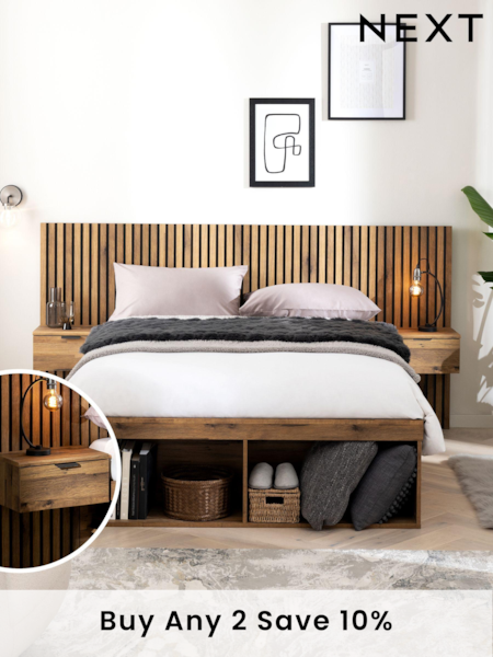 Oak Effect Bronx Wooden Hotel Bed Frame with Platform Storage and Bedside Tables (C24482) | £1,165 - £1,265