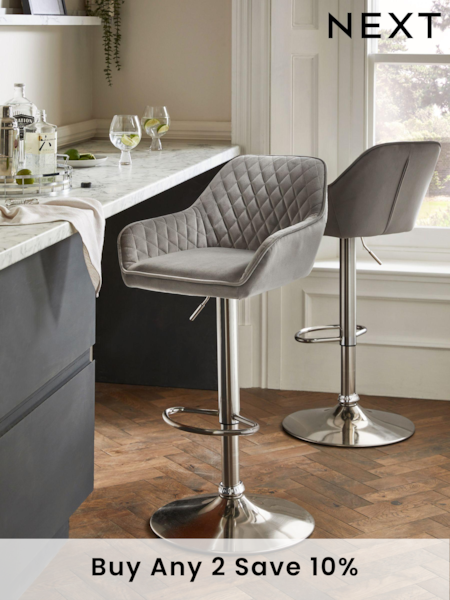 Soft Velvet Mid Grey Hamilton Quilted Kitchen Bar Stool (C25087) | £155