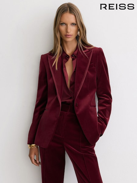 Dark Red - Reiss Wren Velvet Satin-trim Single-breasted Suit Blazer