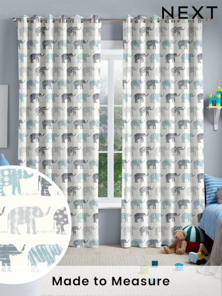 Azure Blue Kids Patterned Elephants Made To Measure 100% Cotton Curtains (C25541) | £82