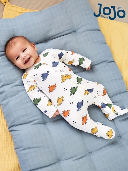 JoJo Maman Bébé White Multi Dinosaur Print Zip Cotton Baby Sleepsuit (C25801) | £20