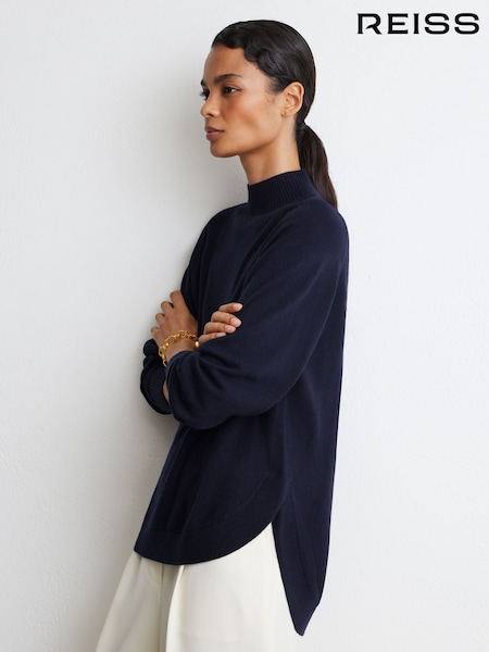 Navy - Reiss River Wool-blend Funnel-neck Jumper With Cashmere