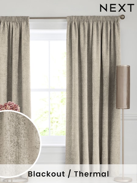 Natural Heavyweight Chenille Pencil Pleat Blackout/Thermal Curtains (C30909) | £70 - £165