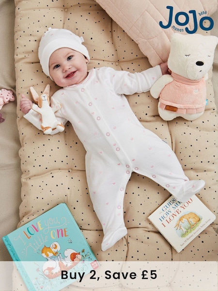 JoJo Maman Bébé Pink Heart Embroidered Cotton Baby Sleepsuit (C32706) | £21
