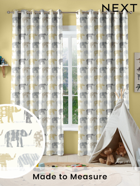 Lemon Yellow Kids Patterned Elephants Made To Measure 100% Cotton Curtains (C32965) | £82