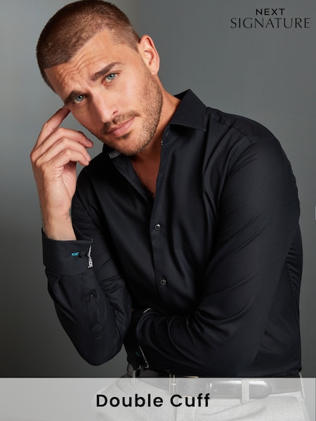 Black Slim Fit 100% Cotton Signature Textured Double Cuff Smart Shirt With Trim Detail (C33389) | £36