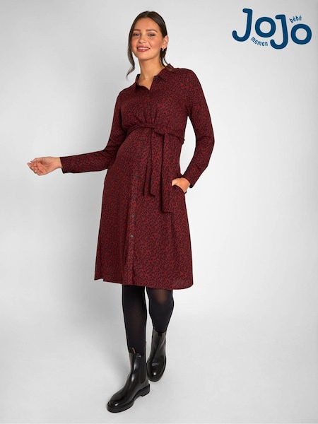 JoJo Maman Bébé Burgundy Red Animal Print Shirt Maternity Dress With Tie (C33600) | £49.50