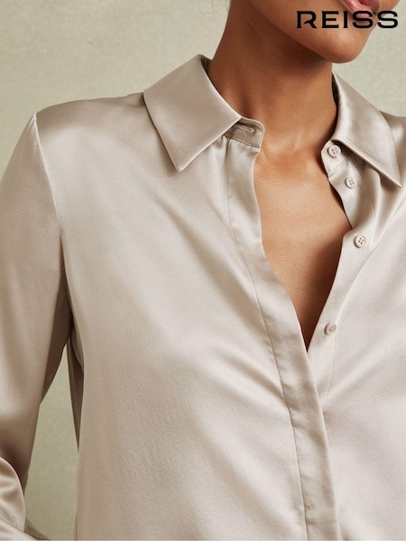 Reiss Champagne Hailey Petite Silk Double-Cuff Button-Through Shirt (C34115) | £198