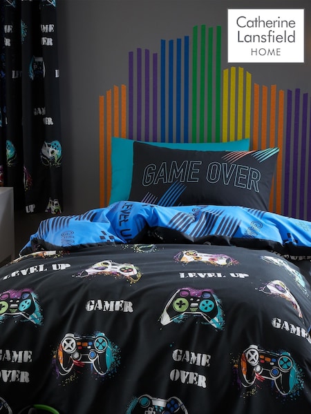 Catherine Lansfield Black Game Over Reversible Duvet Cover And Pillowcase Set (C34327) | £17 - £23