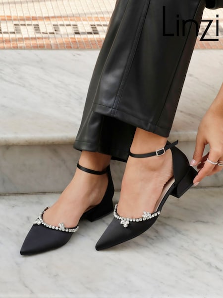 Linzi Black Lucia Court Style Low Block Heels With Diamante Trim (C35116) | £36