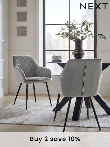 Set of 2 Soft Velvet Mid Grey Hamilton Black Leg Quilted Dining Chairs (C36171) | £310