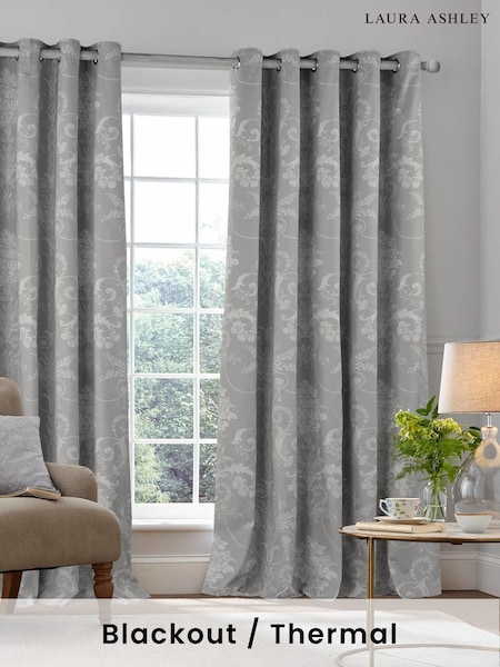 Laura Ashley Steel Grey Josette Blackout Lined 100% Cotton Eyelet Curtains (C37297) | £55 - £290