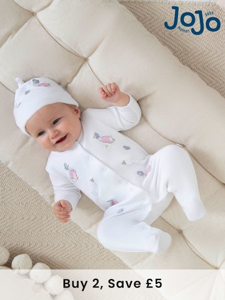 JoJo Maman Bébé White Jemima Puddle-Duck Cotton Baby Sleepsuit & Hat Set (C37592) | £26