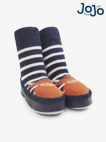 JoJo Maman Bébé Navy Blue Ecru Cream Stripe Moccasin Slipper Socks (C38249) | £12.50