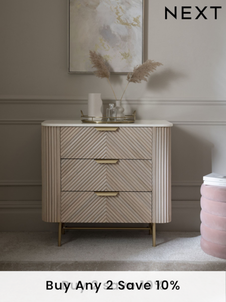 Light Grey Valencia Marble and Mango Wood 3 Drawer Wide Bedside Table (C38626) | £599