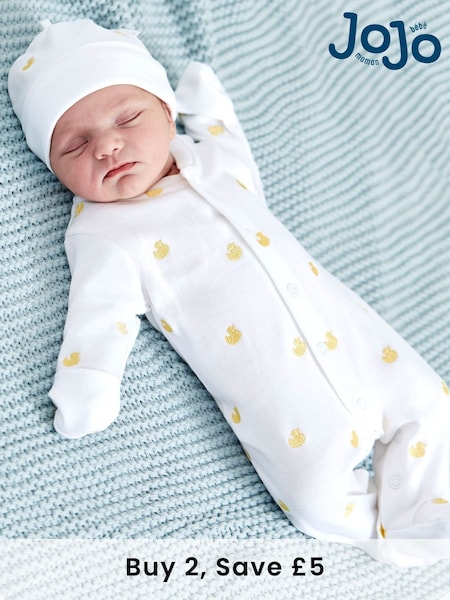 JoJo Maman Bébé Yellow Duck Embroidered Cotton Baby Sleepsuit (C38804) | £21