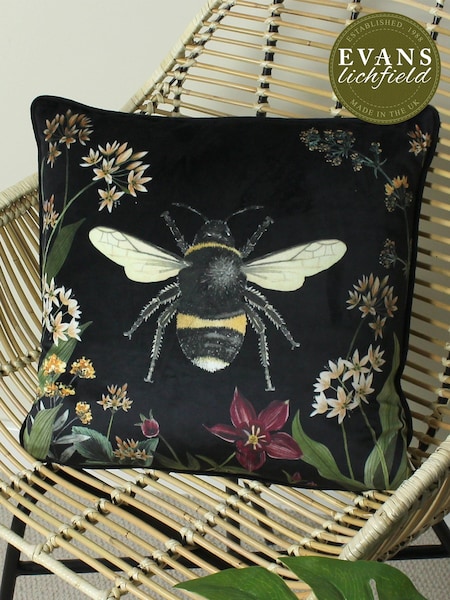 Evans Lichfield Black Multicolour Midnight Garden Bee Piped Velvet Cushion (C41729) | £20