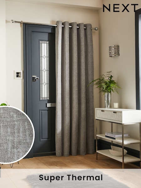 Grey Silver Heavyweight Chenille Super Thermal Eyelet Door Curtain (C42448) | £55 - £75