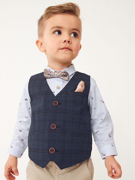Navy Blue Check Waistcoat Set With Shirt And Bow Tie (3mths-7yrs) (C43697) | £34 - £38