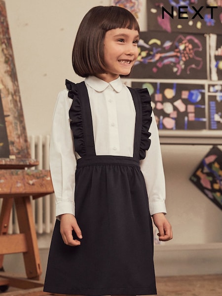 Navy Blue/White Ruffle School Pinafore And Long Sleeve Shirt Set (3-14yrs) (C44160) | £15 - £20