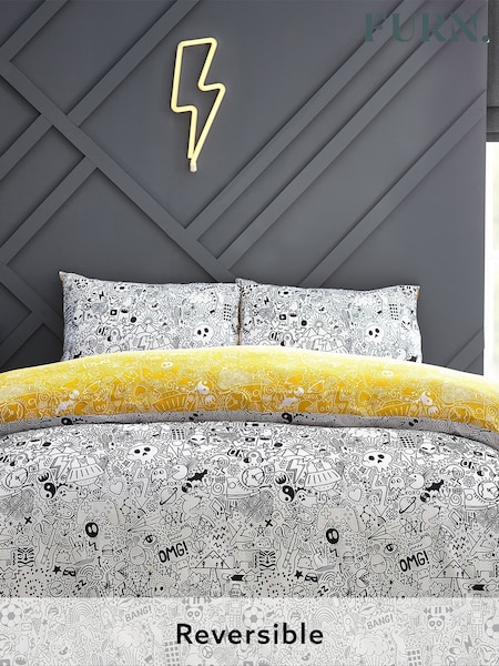 furn. White/Black Doodle Abstract Reversible Duvet Cover and Pillowcase Set (C47181) | £16 - £30
