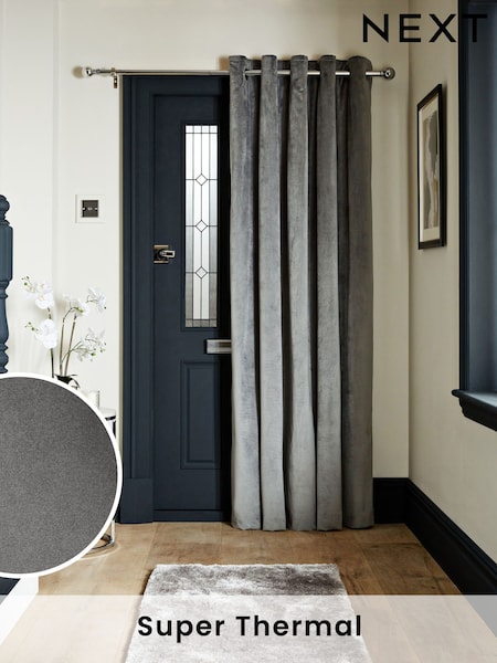 Charcoal Grey Matte Velvet Super Thermal Eyelet Door Curtain (C48114) | £50 - £70