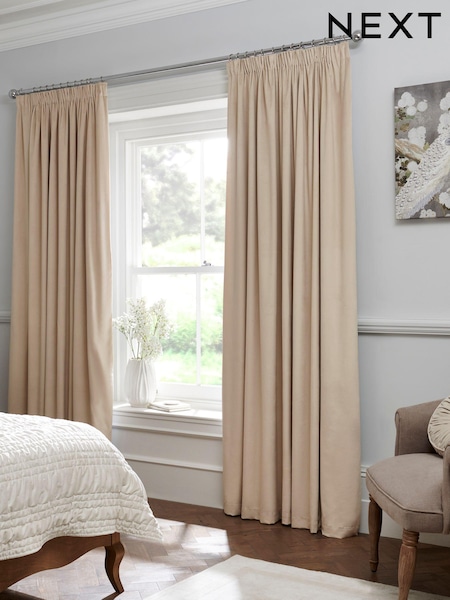 Oatmeal Natural Matte Velvet Pencil Pleat Blackout/Thermal Curtains (C49158) | £50 - £135