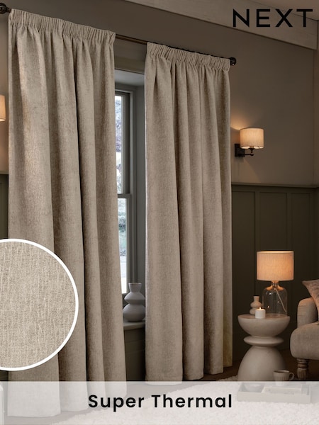 Natural Heavyweight Chenille Pencil Pleat Super Thermal Curtains (C50747) | £70 - £210
