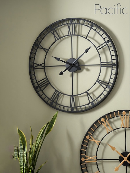 Pacific Black Round Metal Skeleton Wall Clock (C51319) | £100