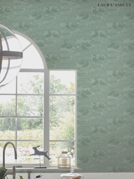 Laura Ashley Jade Green Swans A4 Wallpaper Sample (C52909) | £1