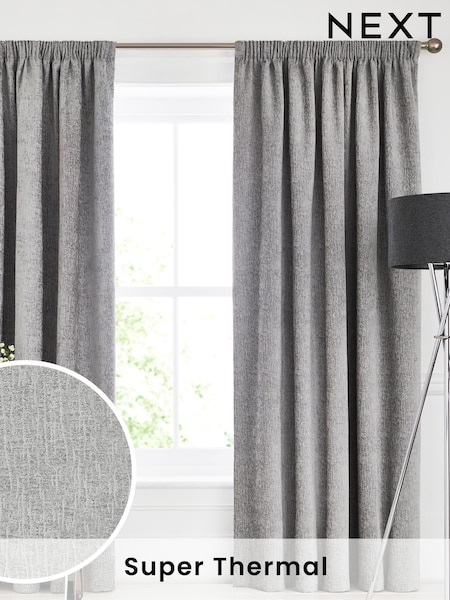 Grey Silver Heavyweight Chenille Pencil Pleat Super Thermal Curtains (C59968) | £70 - £210