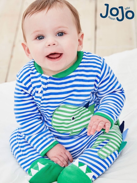 JoJo Maman Bébé Blue Dinosaur Appliqué Zip Cotton Baby Sleepsuit (C61819) | £21
