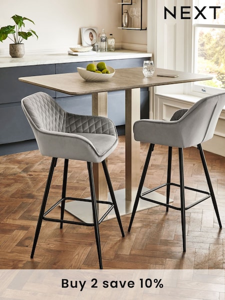 Soft Velvet Mid Grey Hamilton Fixed Height Quilted Kitchen Bar Stool (C62726) | £155