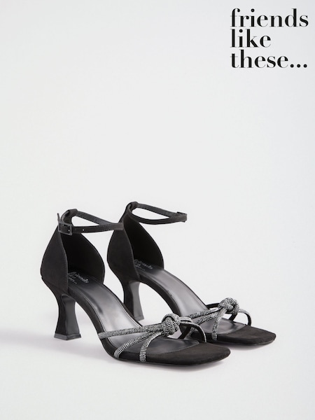 Black - Friends Like These Faux Suede Diamante Hotfix Strap Knot Detail Heeled Occasion Sandals