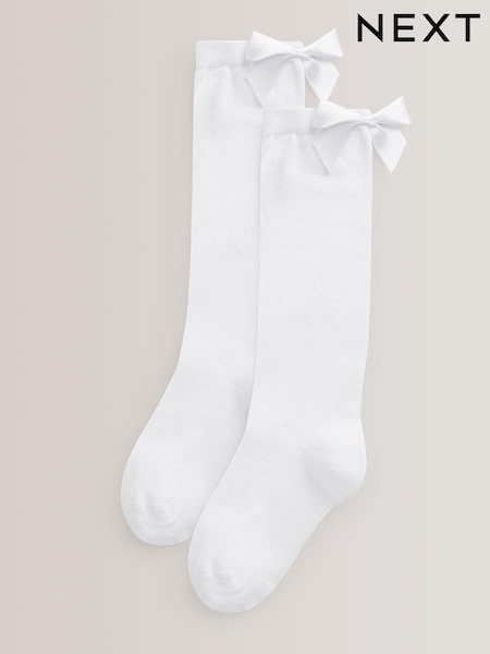 White 2 Pack Cotton Rich Bow Knee High Socks (C65416) | £5 - £6