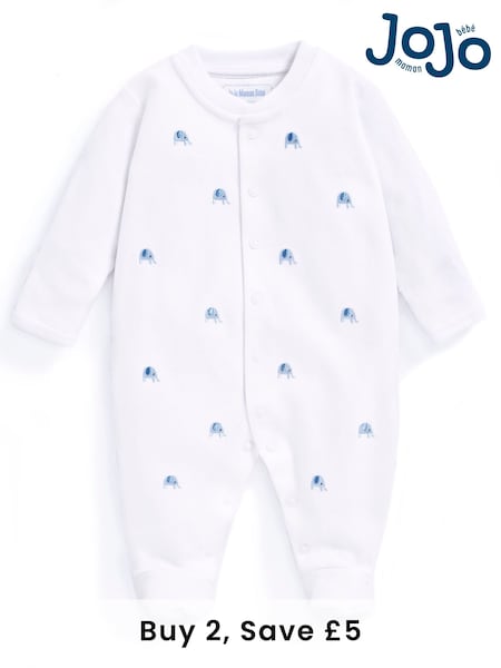 JoJo Maman Bébé Blue Elephant Embroidered Cotton Baby Sleepsuit (C65986) | £21