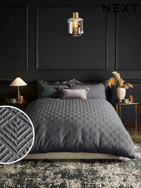 Charcoal Grey Embossed Geometric Duvet Cover And Pillowcase Set (C66129) | £28 - £58